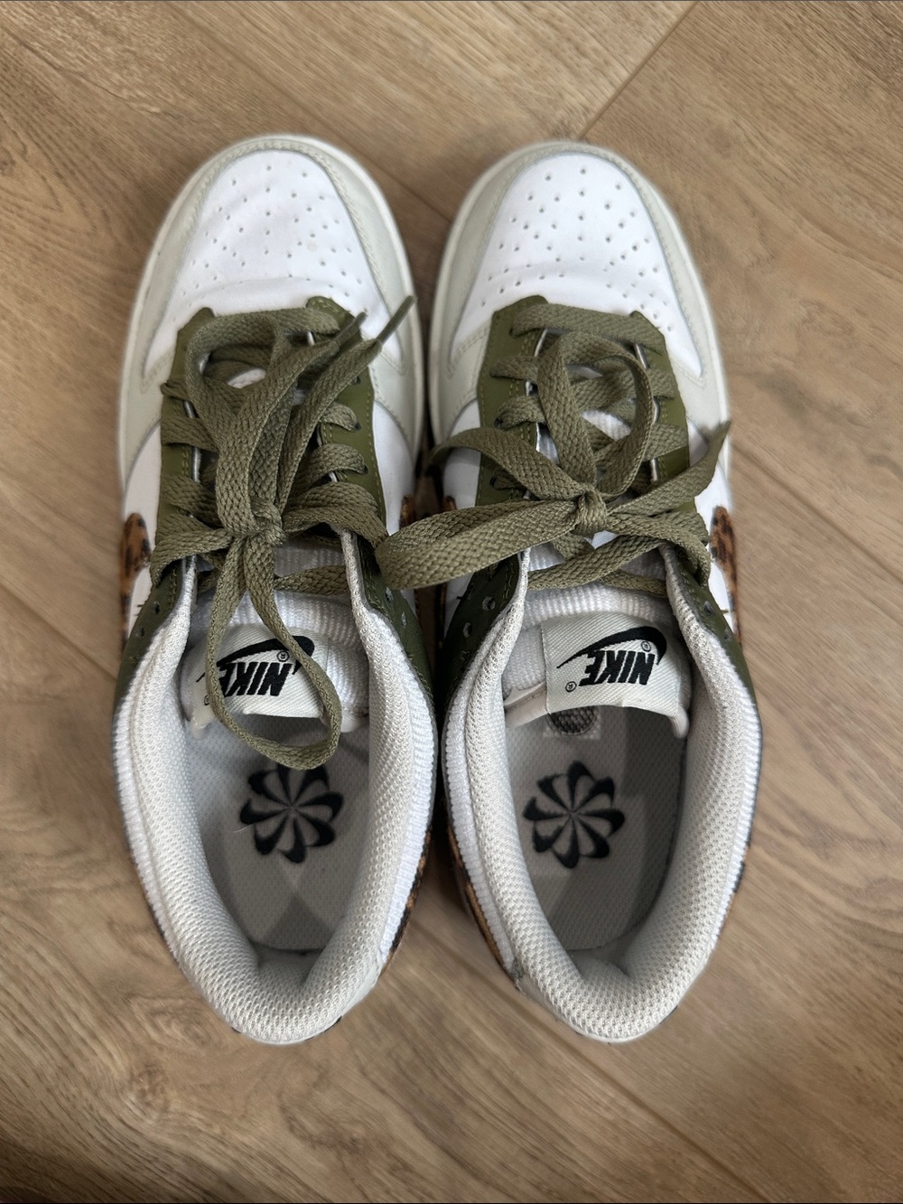 Nike Low-Top Sneakers in White, Olive & Leopard Accent